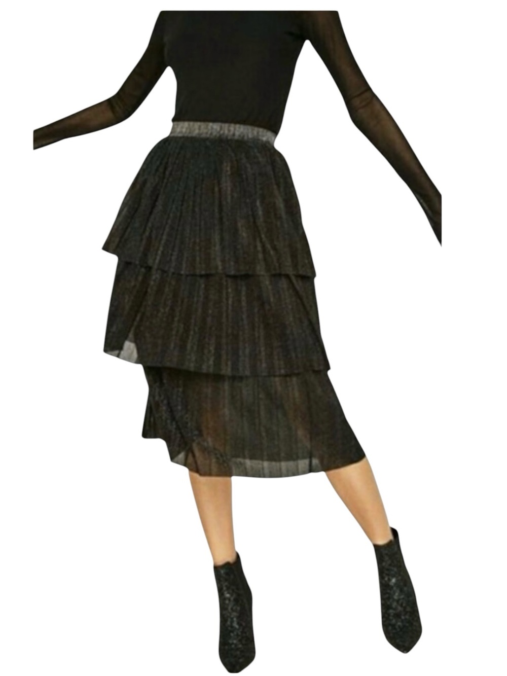 Zara Tiered Black Shimmer Midi Skirt Layers Size Medium Size 8 High Waist Party